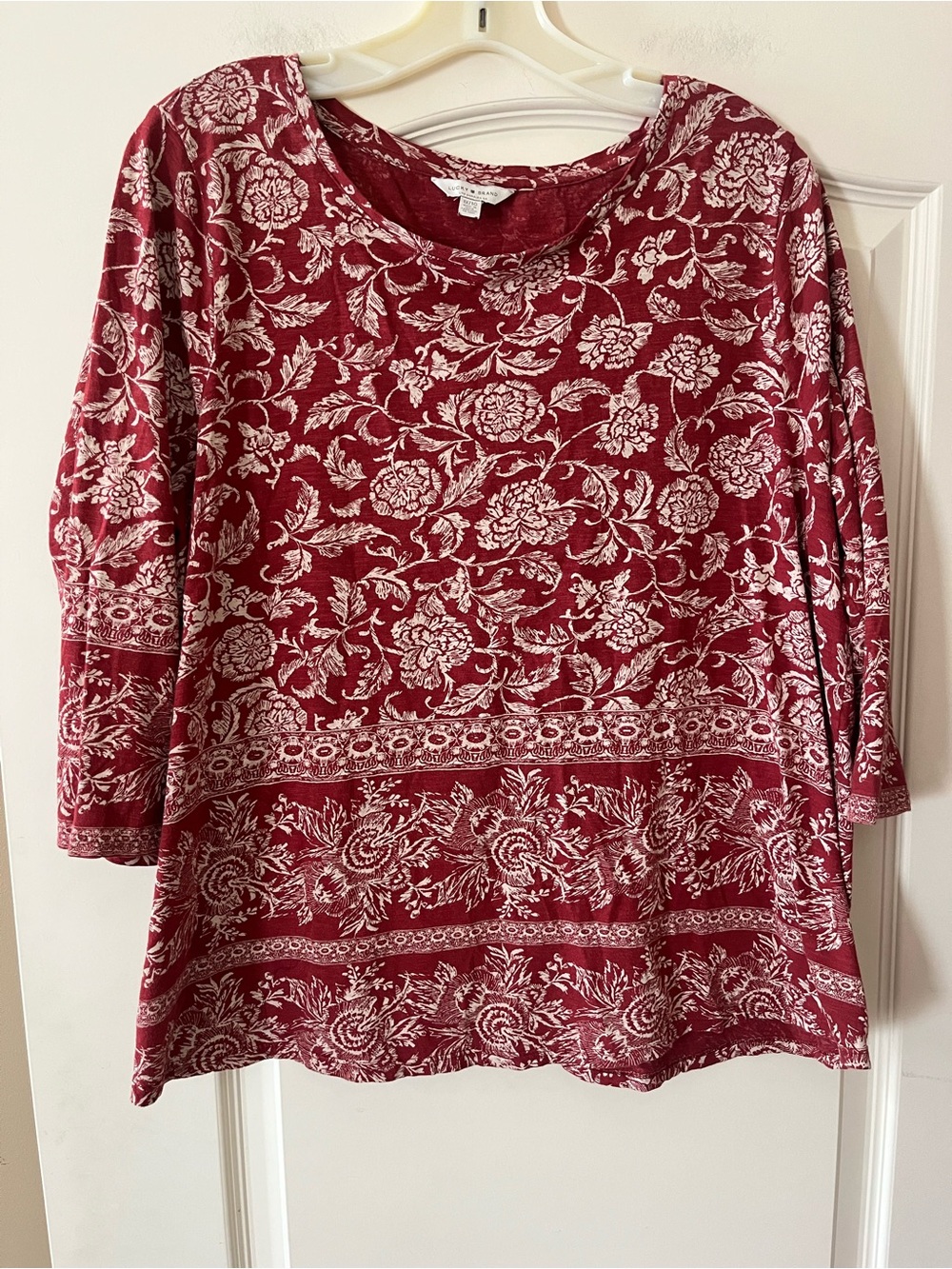 Lucky Brand Dark Red Floral Scoop Neck 3/4 Sleeve Top Women’s Size 1X